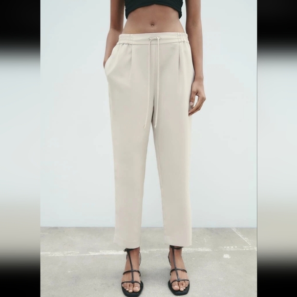Zara High Waisted Beige Drawstring Pajama Style Ankle Pants XS - Picture 5 of 15